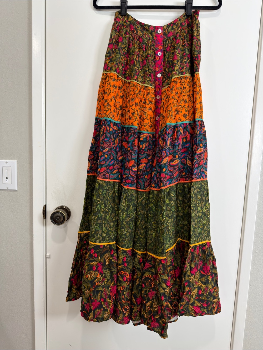 Farm Rio Bohemian Tiered Maxi Skirt in Green, Orange & Pink